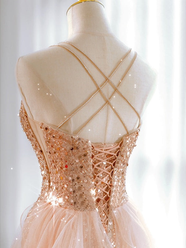 Robe de Soirée Trapèze/Princesse Sans Manches à Décolleté en Cœur et Longueur Au Sol avec Paillettes