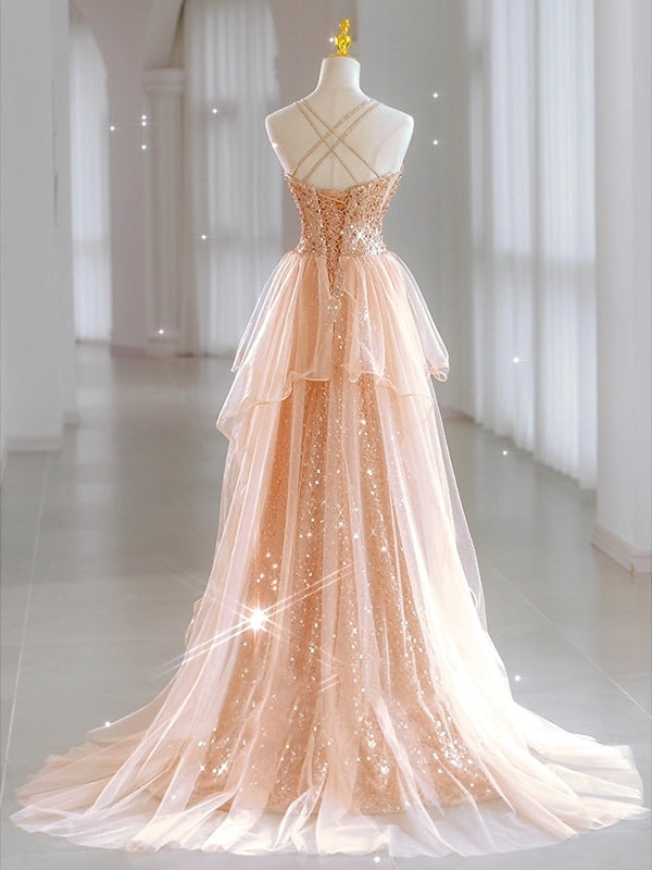 Robe de Soirée Trapèze/Princesse Sans Manches à Décolleté en Cœur et Longueur Au Sol avec Paillettes