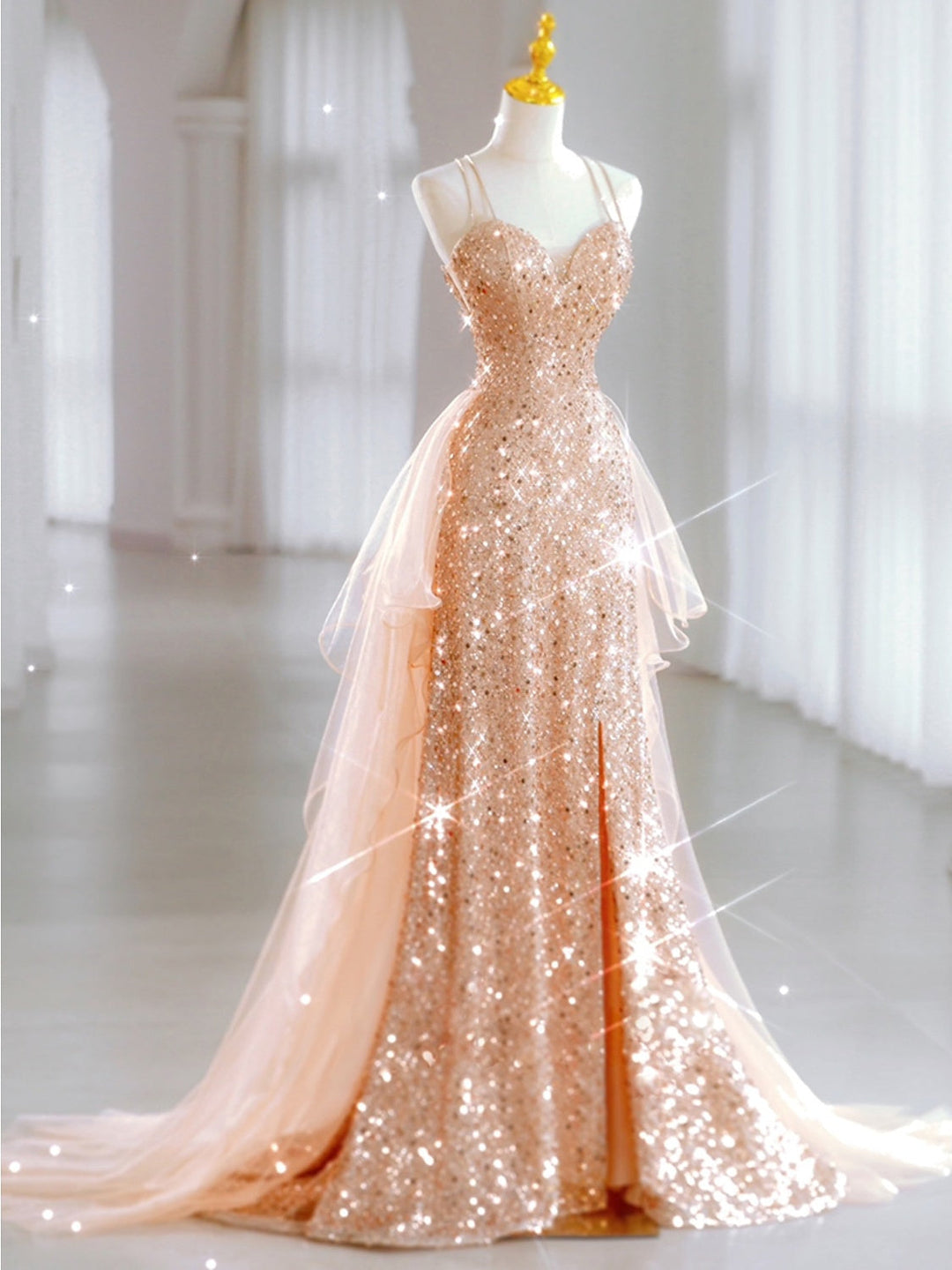 Robe de Soirée Trapèze/Princesse Sans Manches à Décolleté en Cœur et Longueur Au Sol avec Paillettes