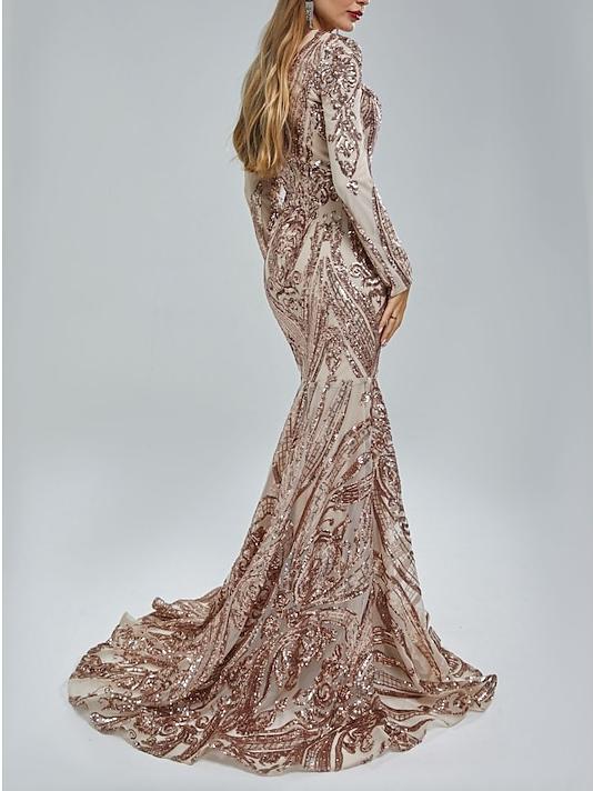 Robe de Soirée Sirène à Col en V et Manches Longues avec Paillettes