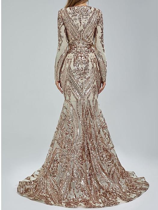 Robe de Soirée Sirène à Col en V et Manches Longues avec Paillettes