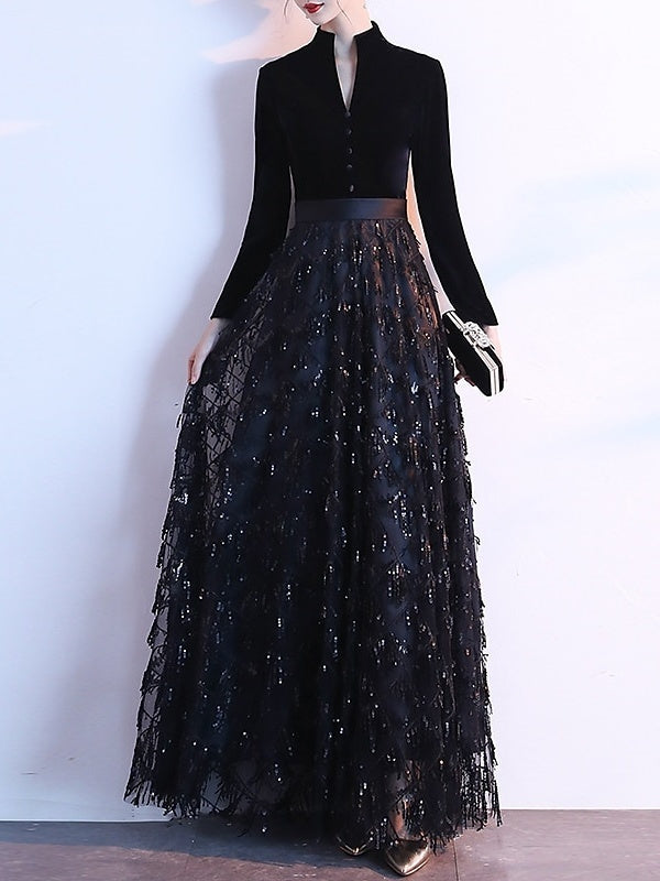 Robe de Soirée Trapèze/Princesse en Velours à Manches Longues et Longueur Au Sol avec Sequins et Ceinture Queen Anne