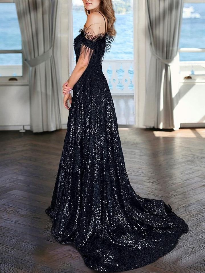 Robe de Soirée Trapèze/Princesse à Col en V Sans Manches, Longueur Au Sol, à Paillettes et Perles