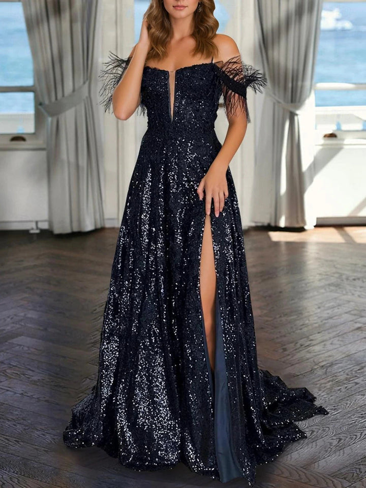 Robe de Soirée Trapèze/Princesse à Col en V Sans Manches, Longueur Au Sol, à Paillettes et Perles