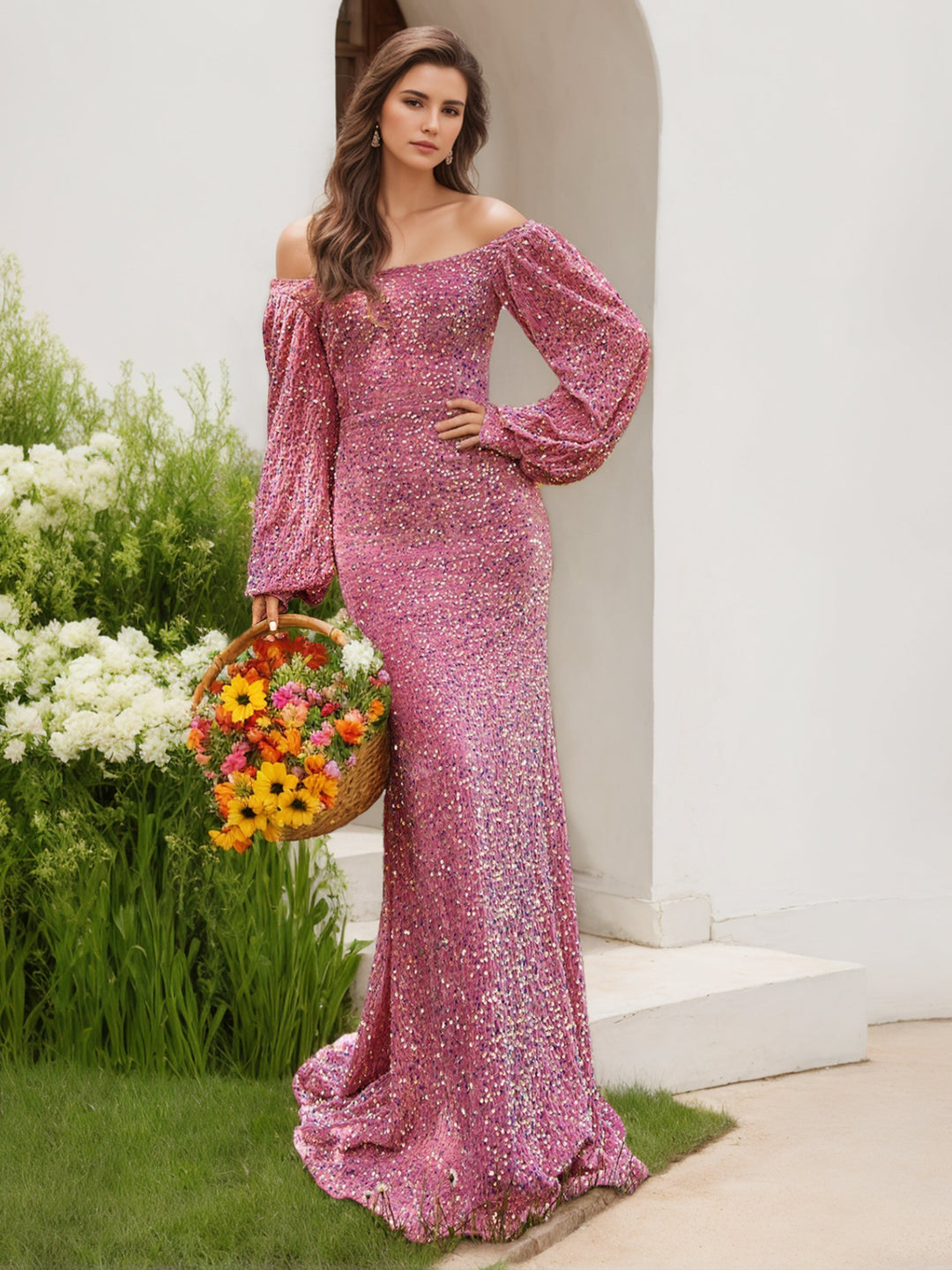 Robe de Soirée Longue Fourreau/Colonne à Épaules Dénudées et Manches Longues avec Paillettes