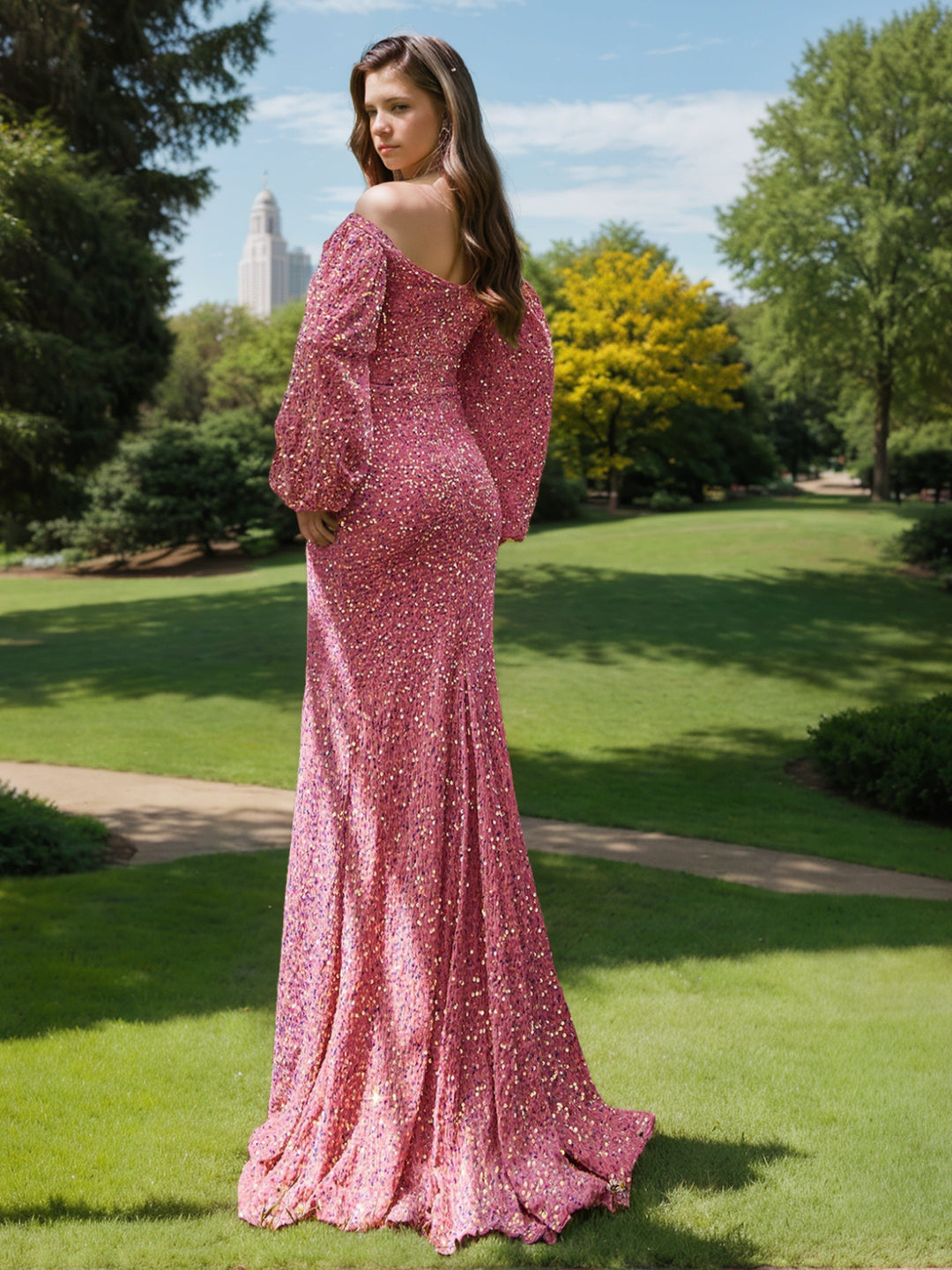 Robe de Soirée Longue Fourreau/Colonne à Épaules Dénudées et Manches Longues avec Paillettes
