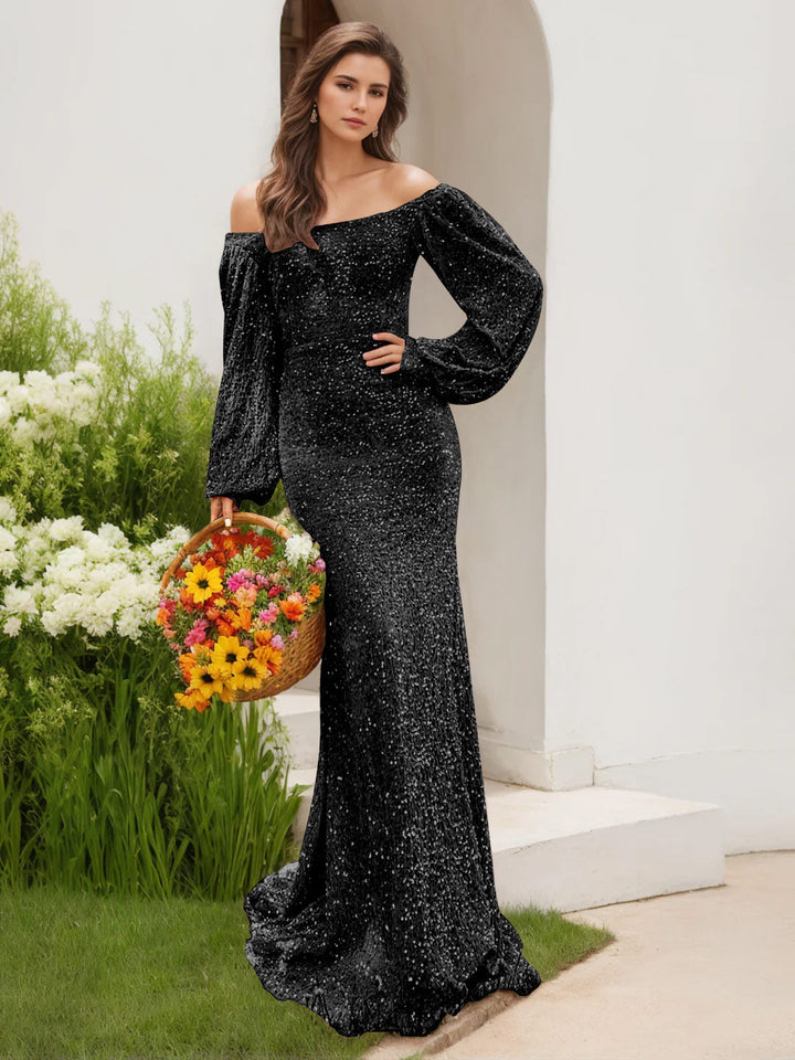 Robe de Soirée Longue Fourreau/Colonne à Épaules Dénudées et Manches Longues avec Paillettes