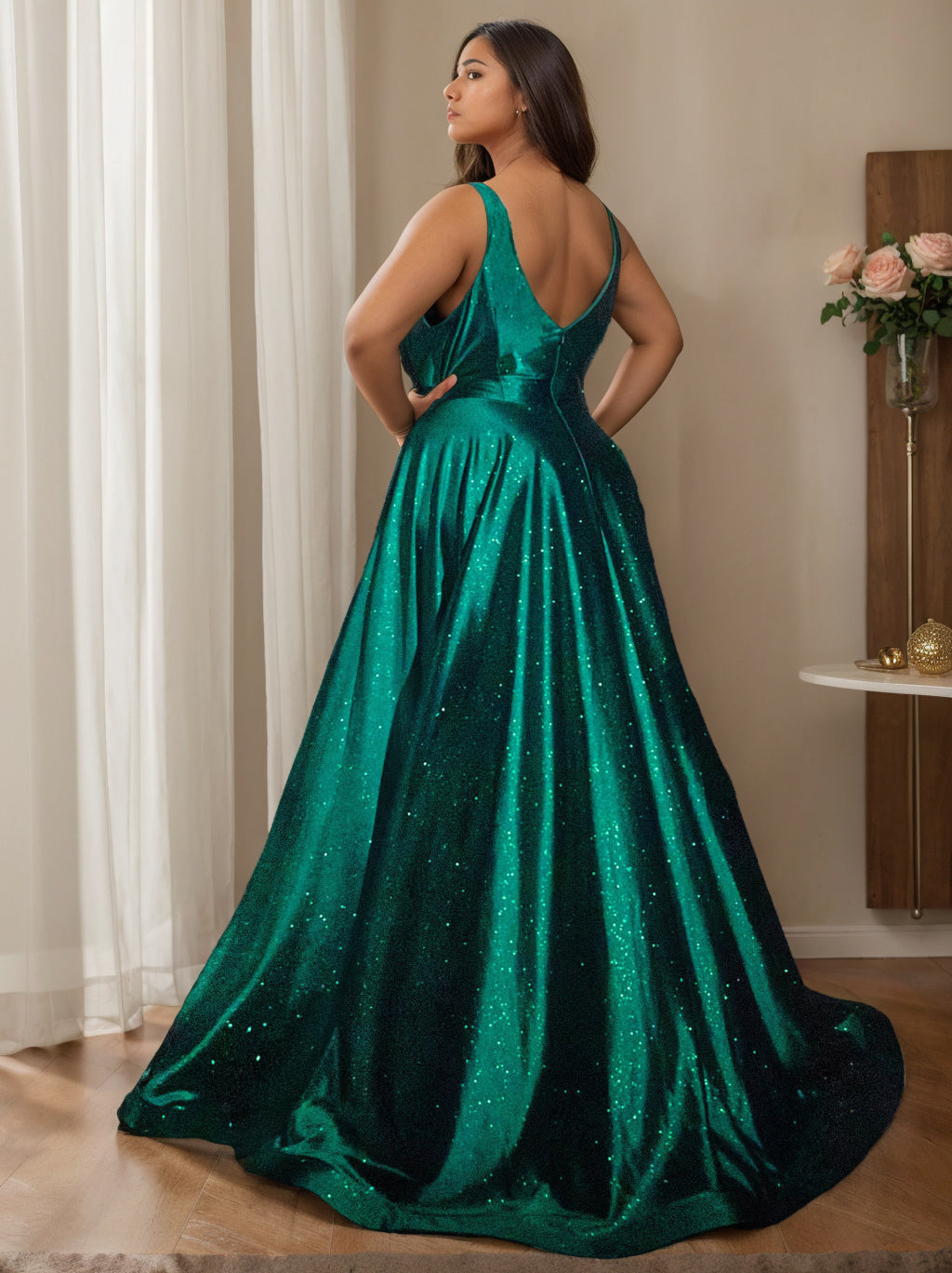 Robe de Soirée Trapèze/Princesse à Col en V Sans Manches, Longueur Au Sol, avec Fente Sur le Côté