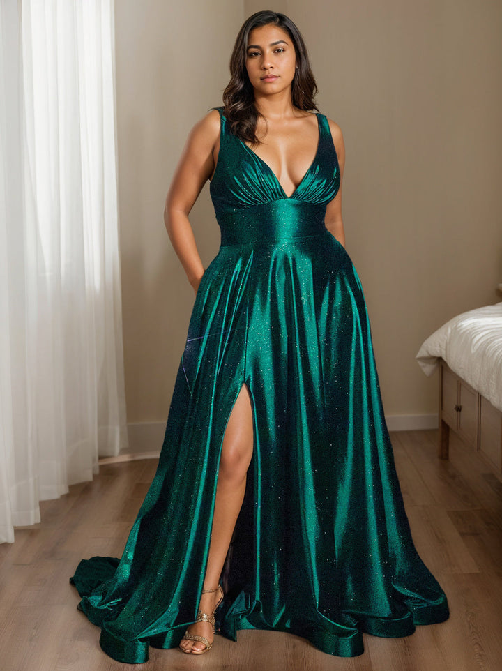Robe de Soirée Trapèze/Princesse à Col en V Sans Manches, Longueur Au Sol, avec Fente Sur le Côté