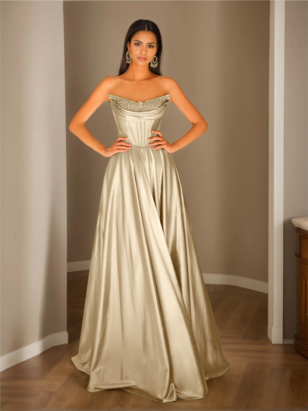 Robe de Soirée Trapèze/Princesse Sans Manches, Longueur Au Sol, Sans Bretelles, avec Paillettes
