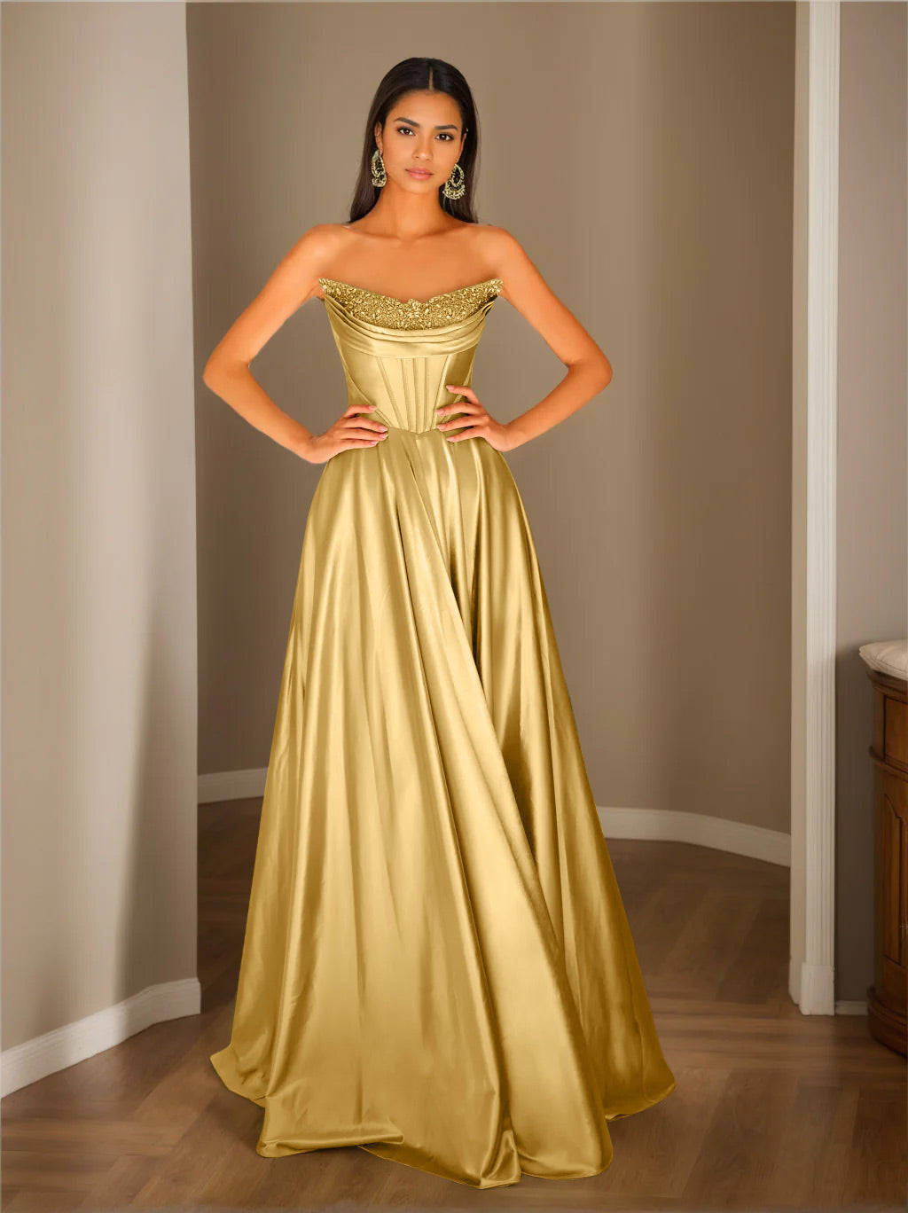 Robe de Soirée Trapèze/Princesse Sans Manches, Longueur Au Sol, Sans Bretelles, avec Paillettes
