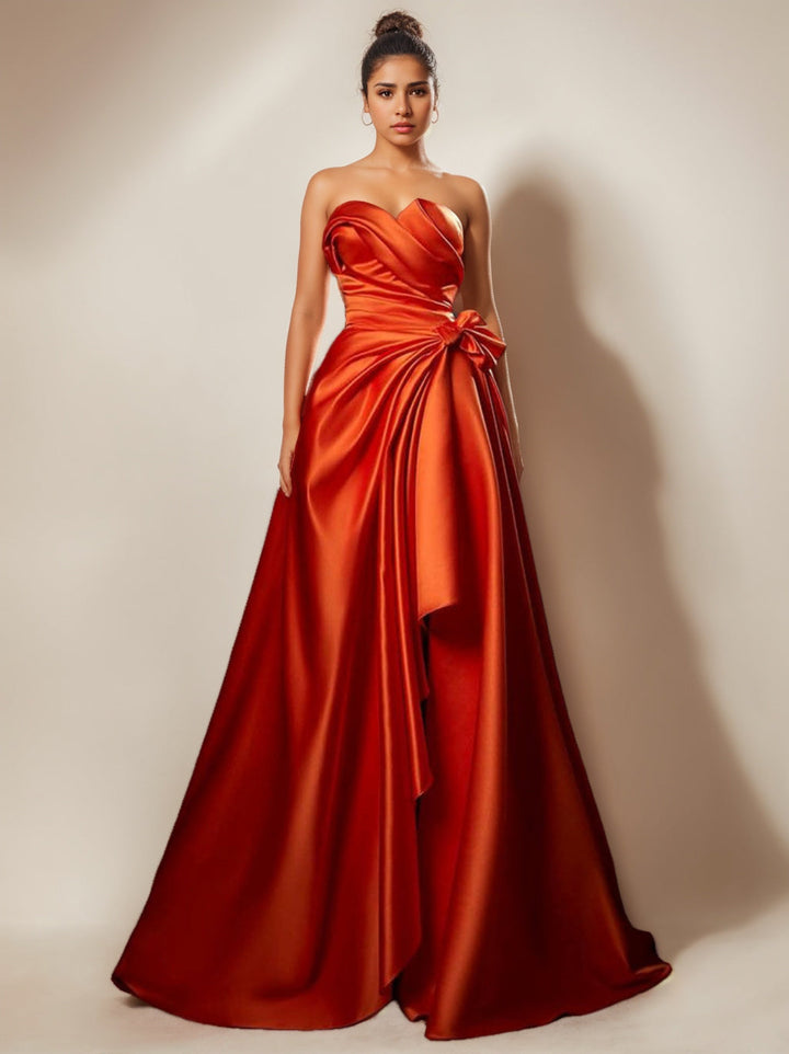 Robe de Soirée Trapèze/Princesse Sans Bretelles, Décolleté en Cœur, Longueur Au Sol, avec Fronces et Fentes Sur le Côté