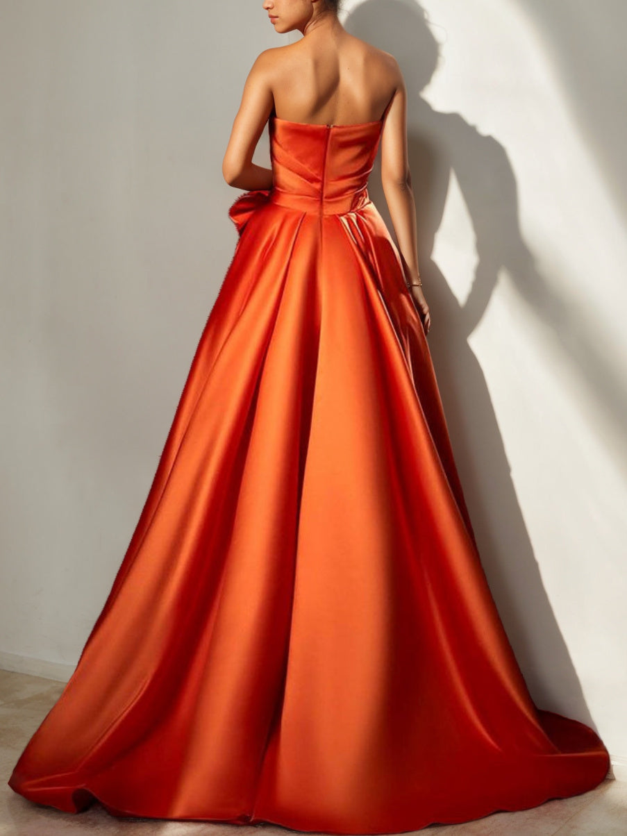 Robe de Soirée Trapèze/Princesse Sans Bretelles, Décolleté en Cœur, Longueur Au Sol, avec Fronces et Fentes Sur le Côté