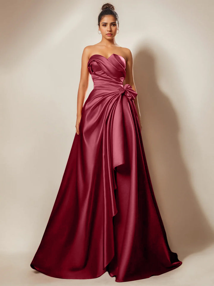 Robe de Soirée Trapèze/Princesse Sans Bretelles, Décolleté en Cœur, Longueur Au Sol, avec Fronces et Fentes Sur le Côté