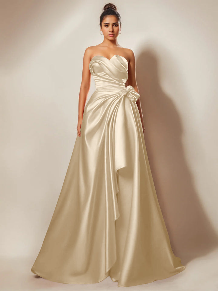 Robe de Soirée Trapèze/Princesse Sans Bretelles, Décolleté en Cœur, Longueur Au Sol, avec Fronces et Fentes Sur le Côté