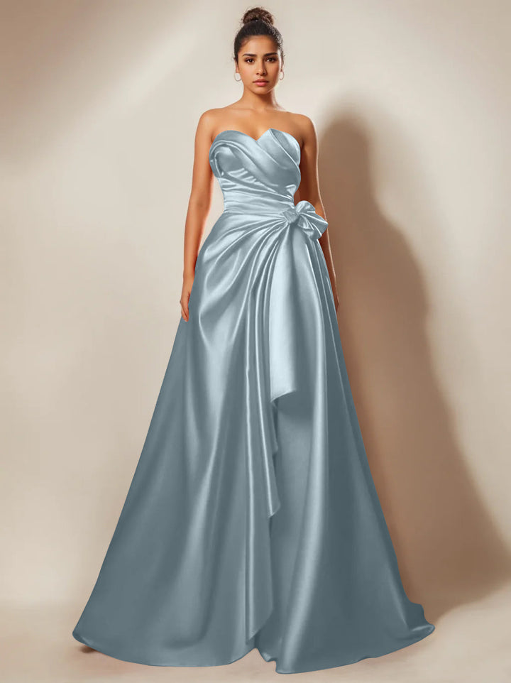 Robe de Soirée Trapèze/Princesse Sans Bretelles, Décolleté en Cœur, Longueur Au Sol, avec Fronces et Fentes Sur le Côté