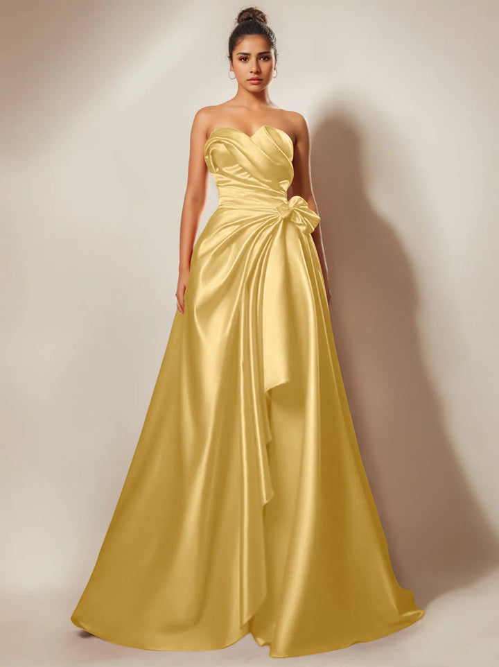 Robe de Soirée Trapèze/Princesse Sans Bretelles, Décolleté en Cœur, Longueur Au Sol, avec Fronces et Fentes Sur le Côté