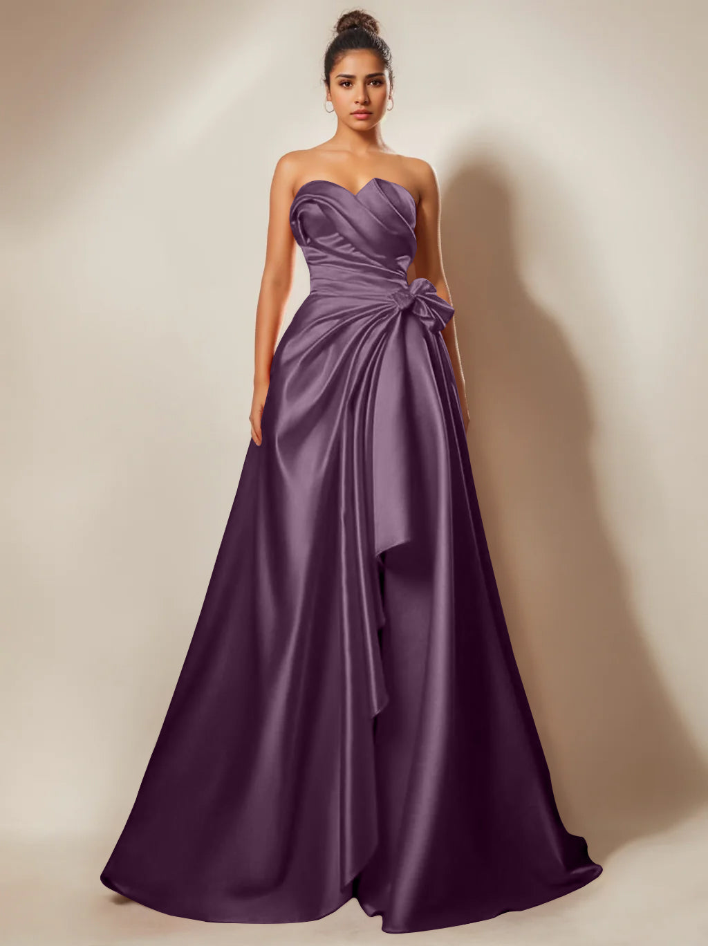 Robe de Soirée Trapèze/Princesse Sans Bretelles, Décolleté en Cœur, Longueur Au Sol, avec Fronces et Fentes Sur le Côté