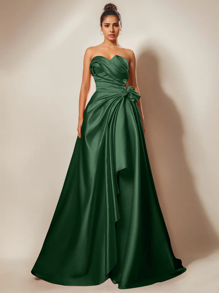 Robe de Soirée Trapèze/Princesse Sans Bretelles, Décolleté en Cœur, Longueur Au Sol, avec Fronces et Fentes Sur le Côté