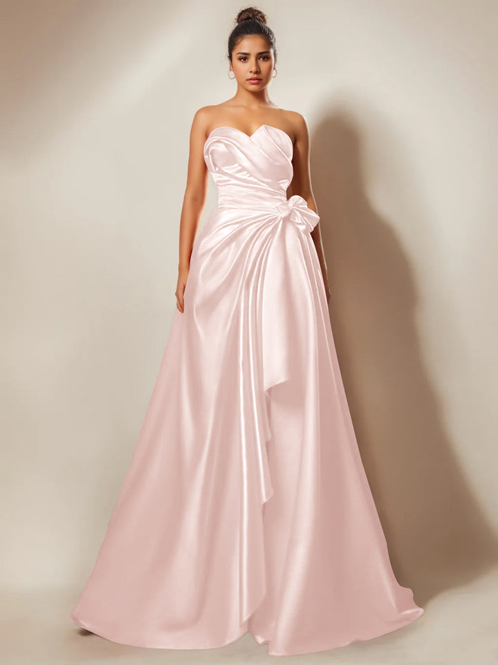 Robe de Soirée Trapèze/Princesse Sans Bretelles, Décolleté en Cœur, Longueur Au Sol, avec Fronces et Fentes Sur le Côté
