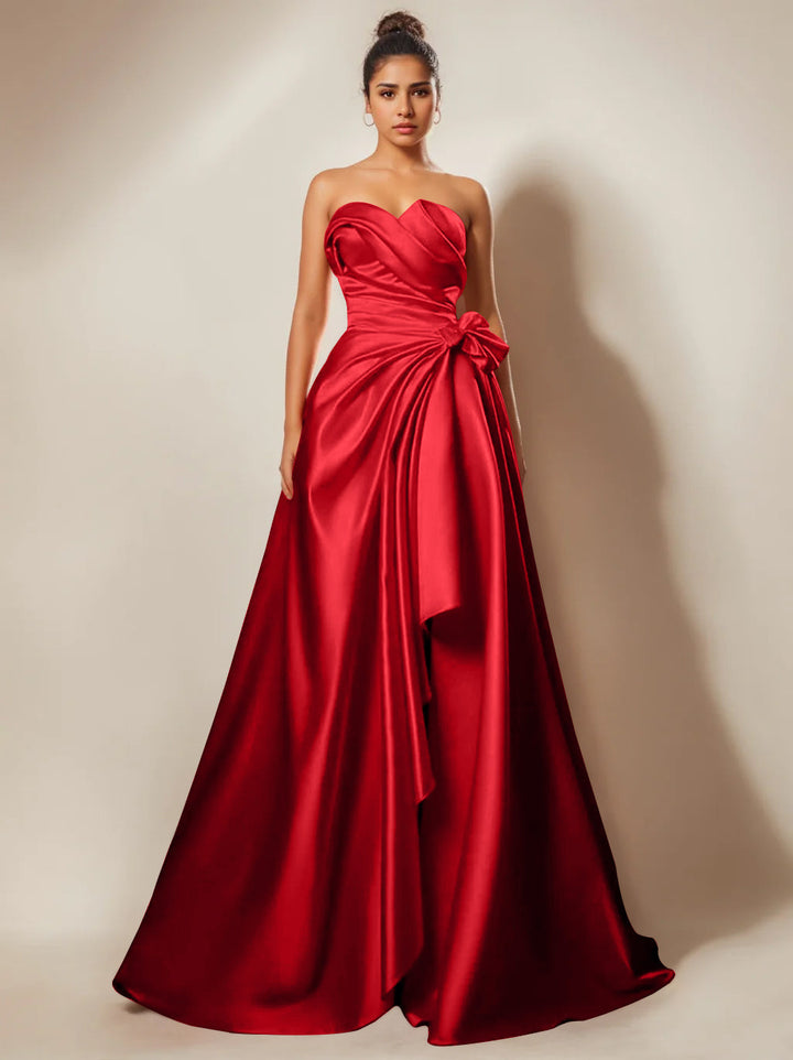 Robe de Soirée Trapèze/Princesse Sans Bretelles, Décolleté en Cœur, Longueur Au Sol, avec Fronces et Fentes Sur le Côté