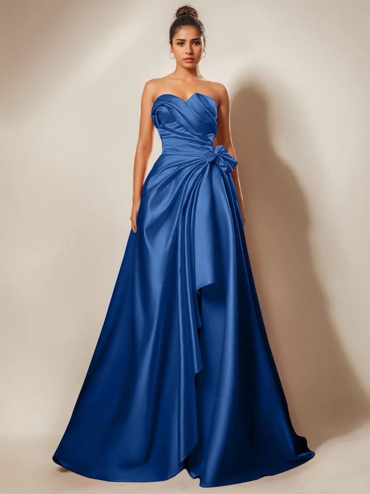 Robe de Soirée Trapèze/Princesse Sans Bretelles, Décolleté en Cœur, Longueur Au Sol, avec Fronces et Fentes Sur le Côté