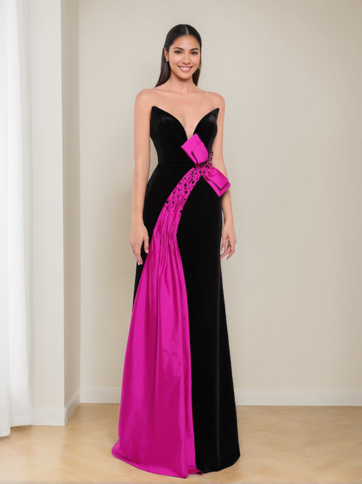 Robe de Soirée Longue Fourreau/Colonne à Col en V Sans Manches, Longueur Au Sol, avec Nœud Papillon