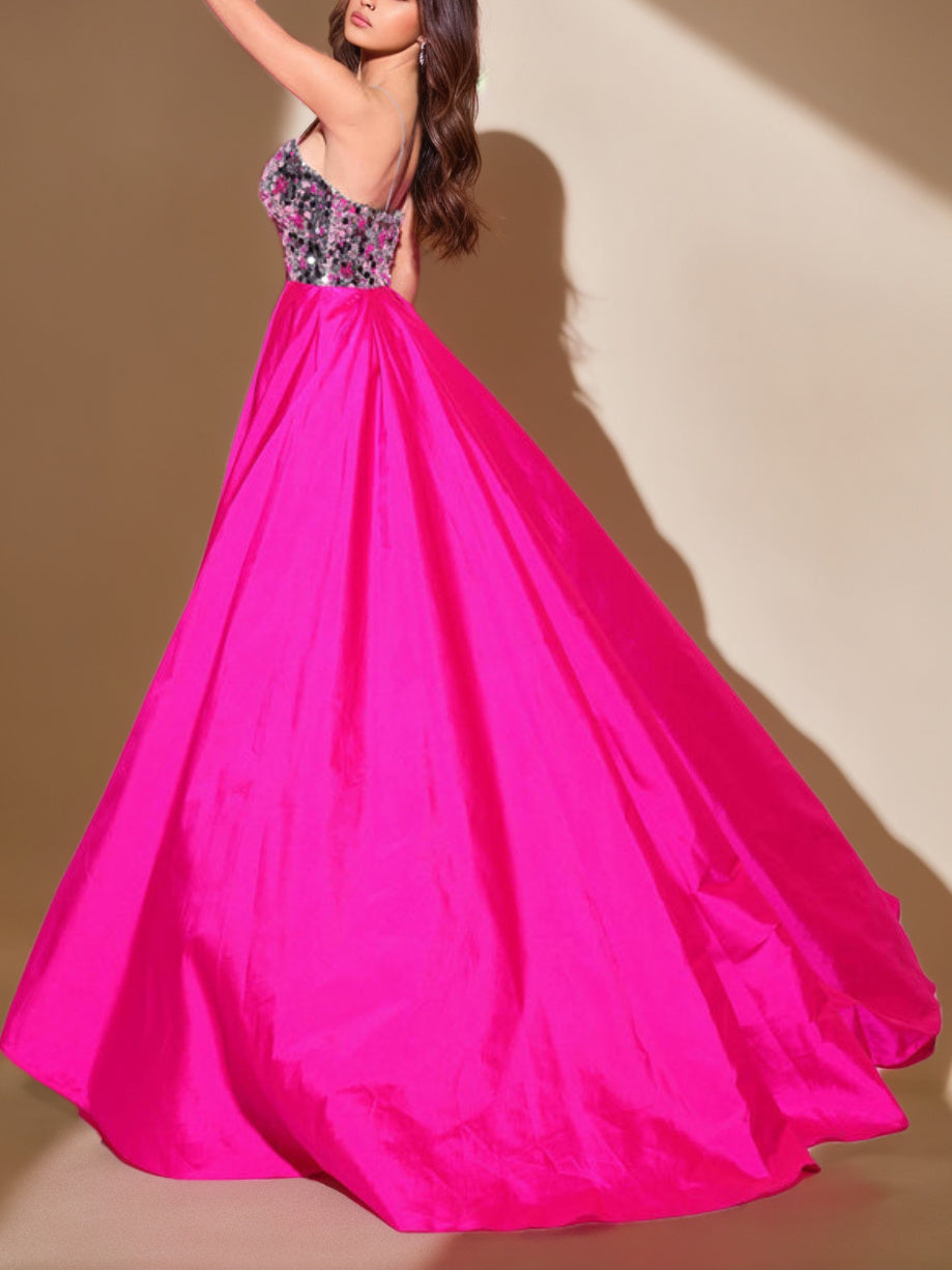 Robe de Soirée Longue de Forme Trapèze/Princesse à Bretelles Spaghetti Sans Manches, Longueur Au Sol, avec Plis et Fente Sur le Côté