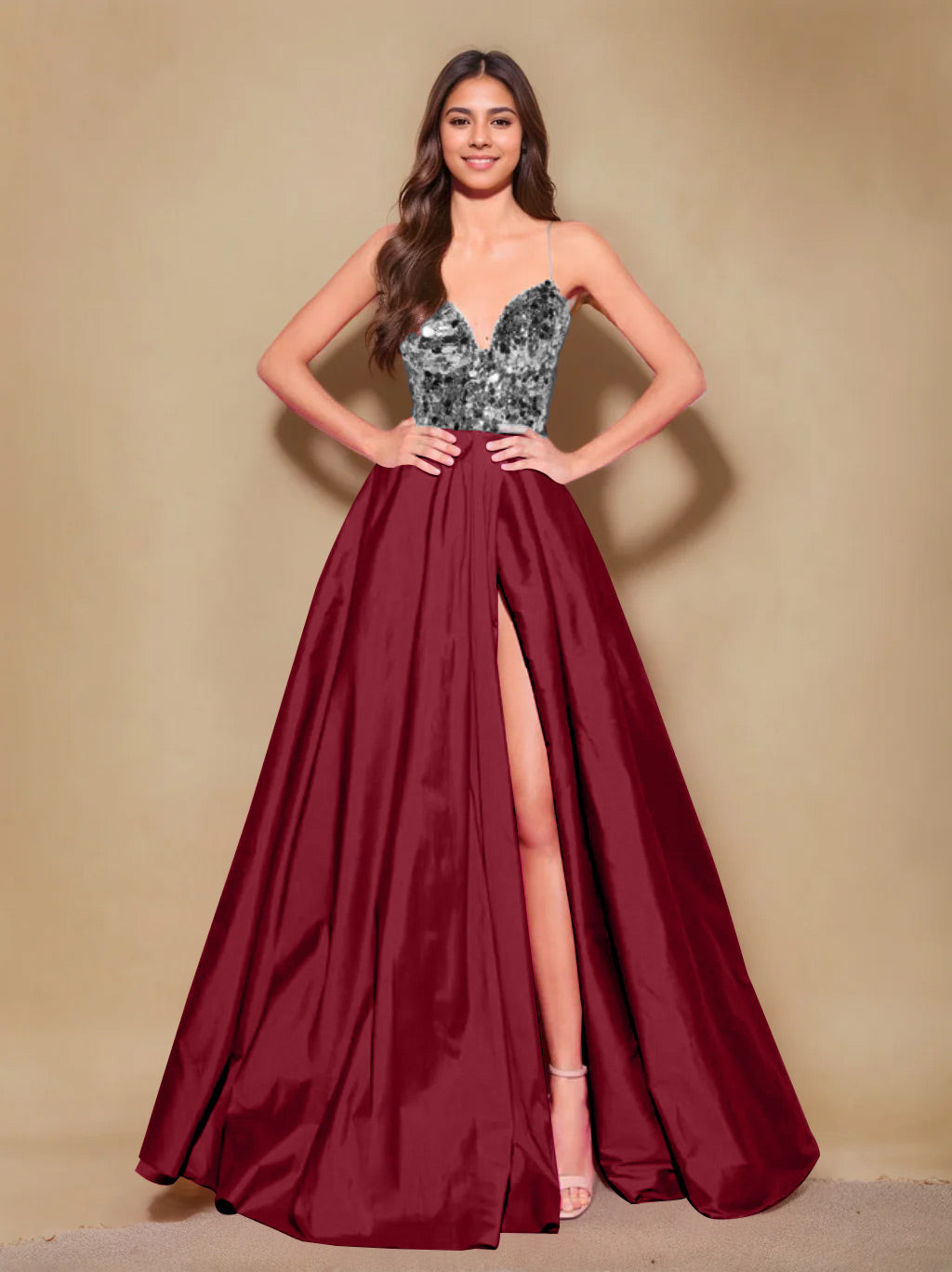 Robe de Soirée Longue de Forme Trapèze/Princesse à Bretelles Spaghetti Sans Manches, Longueur Au Sol, avec Plis et Fente Sur le Côté