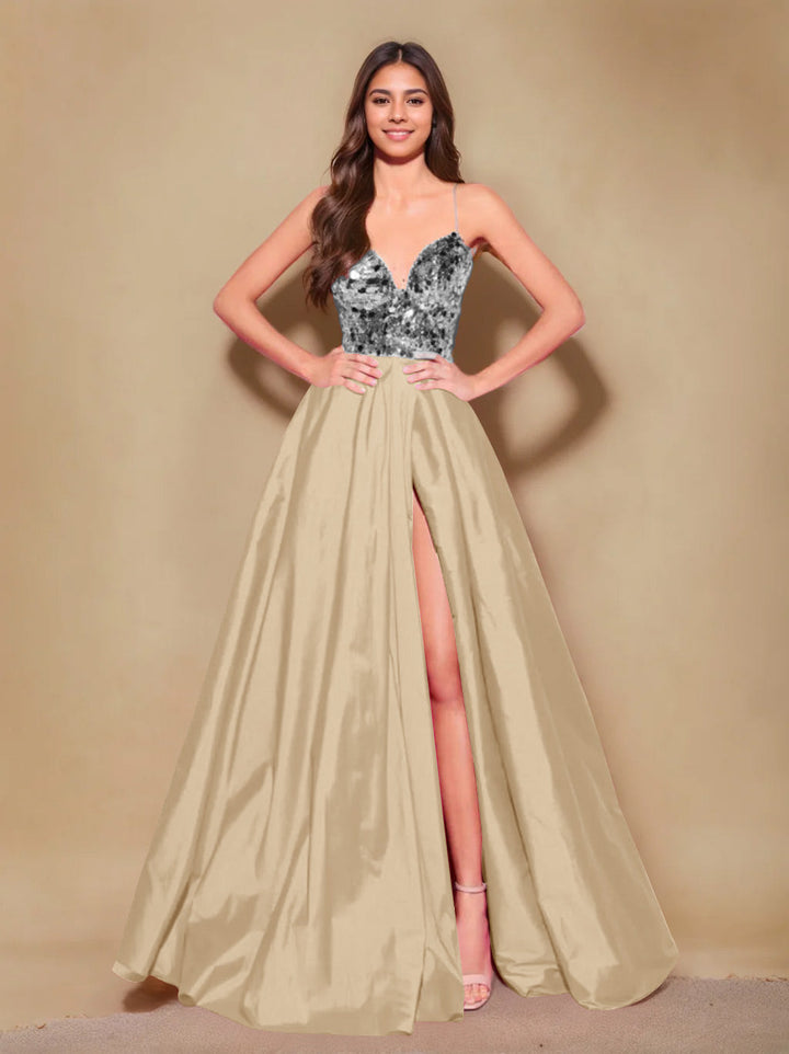 Robe de Soirée Longue de Forme Trapèze/Princesse à Bretelles Spaghetti Sans Manches, Longueur Au Sol, avec Plis et Fente Sur le Côté
