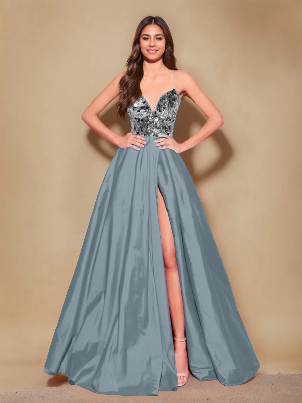 Robe de Soirée Longue de Forme Trapèze/Princesse à Bretelles Spaghetti Sans Manches, Longueur Au Sol, avec Plis et Fente Sur le Côté