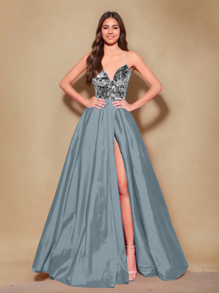 Robe de Soirée Longue de Forme Trapèze/Princesse à Bretelles Spaghetti Sans Manches, Longueur Au Sol, avec Plis et Fente Sur le Côté
