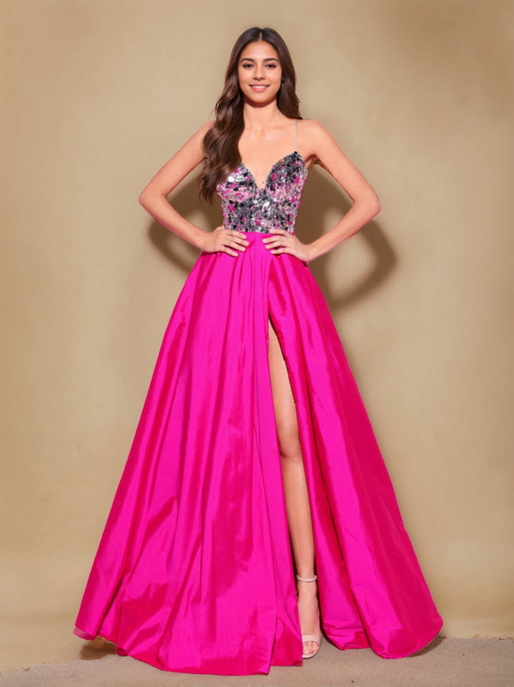 Robe de Soirée Longue de Forme Trapèze/Princesse à Bretelles Spaghetti Sans Manches, Longueur Au Sol, avec Plis et Fente Sur le Côté