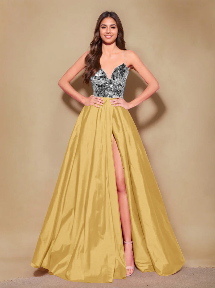 Robe de Soirée Longue de Forme Trapèze/Princesse à Bretelles Spaghetti Sans Manches, Longueur Au Sol, avec Plis et Fente Sur le Côté