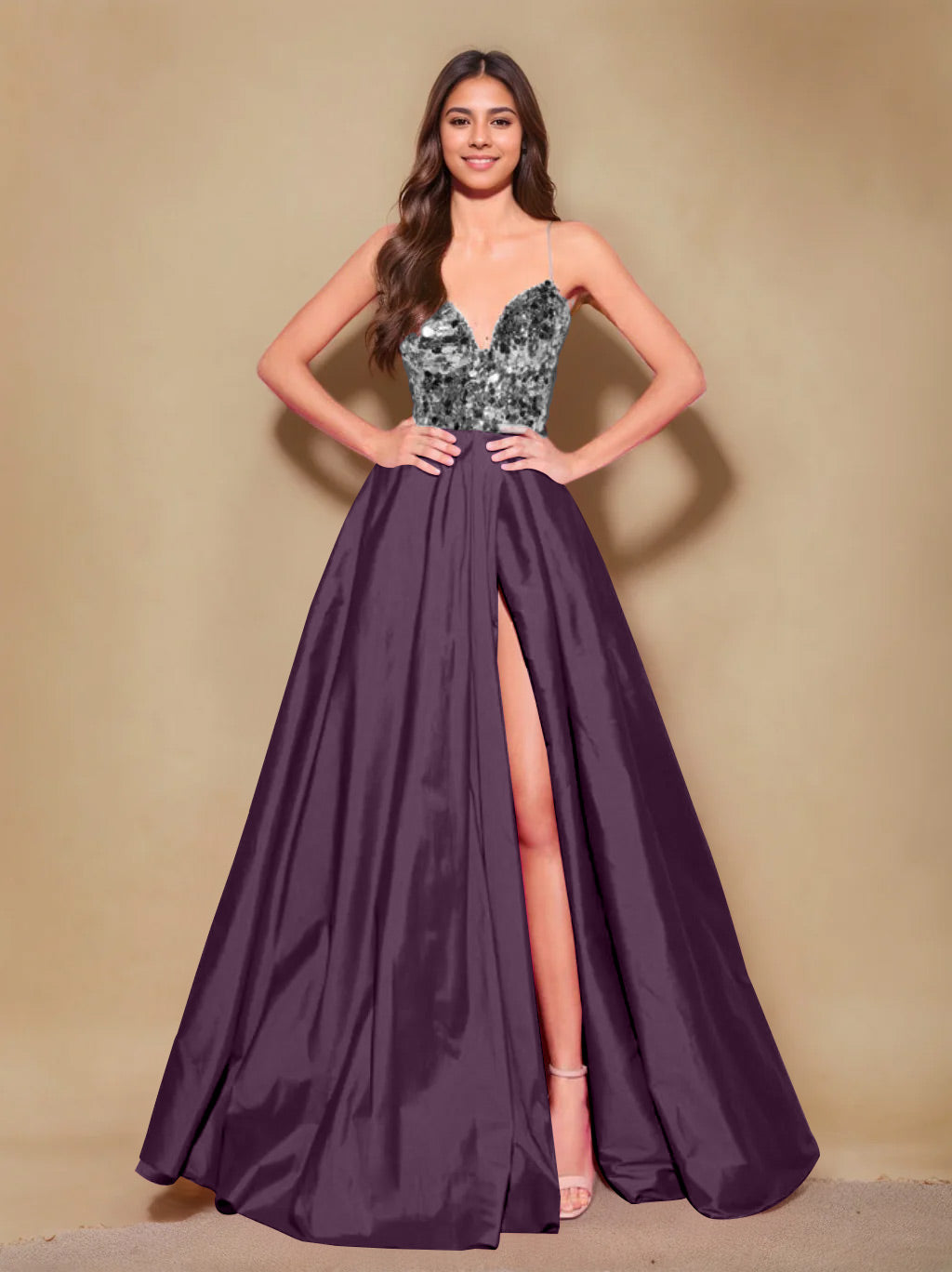 Robe de Soirée Longue de Forme Trapèze/Princesse à Bretelles Spaghetti Sans Manches, Longueur Au Sol, avec Plis et Fente Sur le Côté