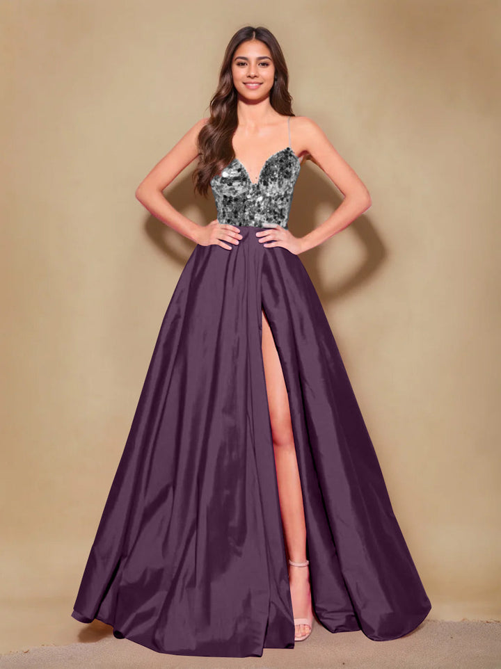 Robe de Soirée Longue de Forme Trapèze/Princesse à Bretelles Spaghetti Sans Manches, Longueur Au Sol, avec Plis et Fente Sur le Côté