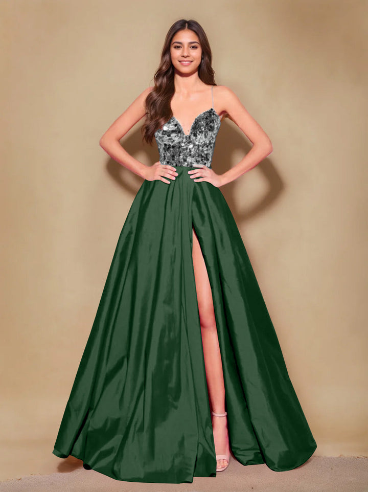 Robe de Soirée Longue de Forme Trapèze/Princesse à Bretelles Spaghetti Sans Manches, Longueur Au Sol, avec Plis et Fente Sur le Côté