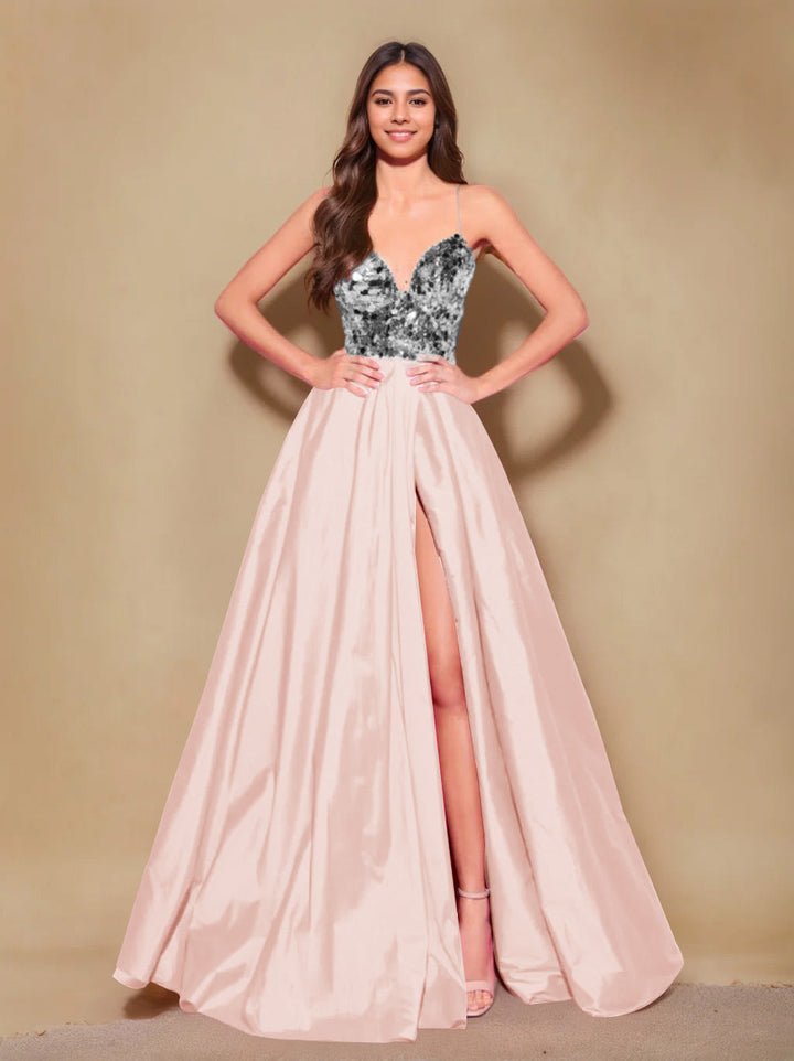 Robe de Soirée Longue de Forme Trapèze/Princesse à Bretelles Spaghetti Sans Manches, Longueur Au Sol, avec Plis et Fente Sur le Côté