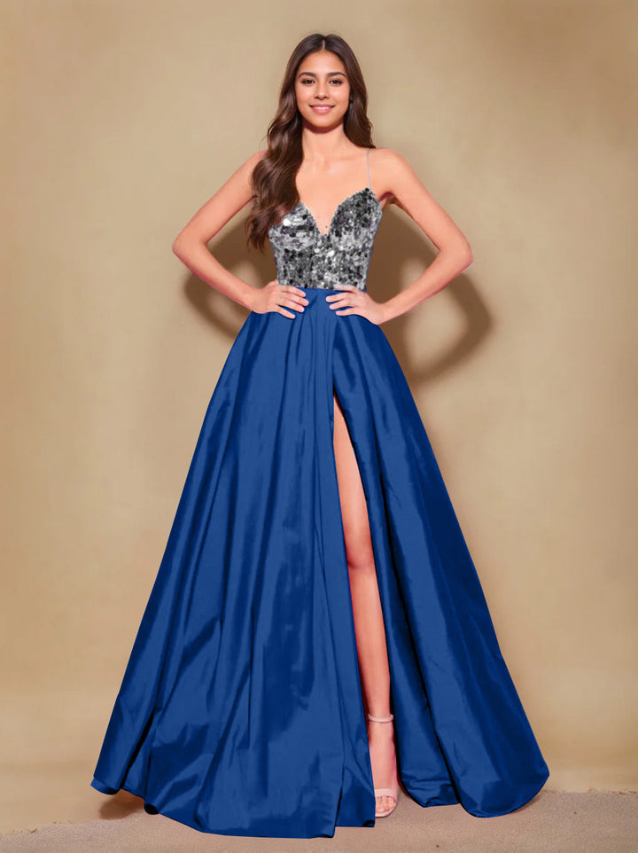 Robe de Soirée Longue de Forme Trapèze/Princesse à Bretelles Spaghetti Sans Manches, Longueur Au Sol, avec Plis et Fente Sur le Côté