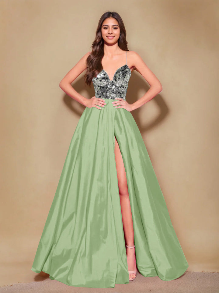 Robe de Soirée Longue de Forme Trapèze/Princesse à Bretelles Spaghetti Sans Manches, Longueur Au Sol, avec Plis et Fente Sur le Côté