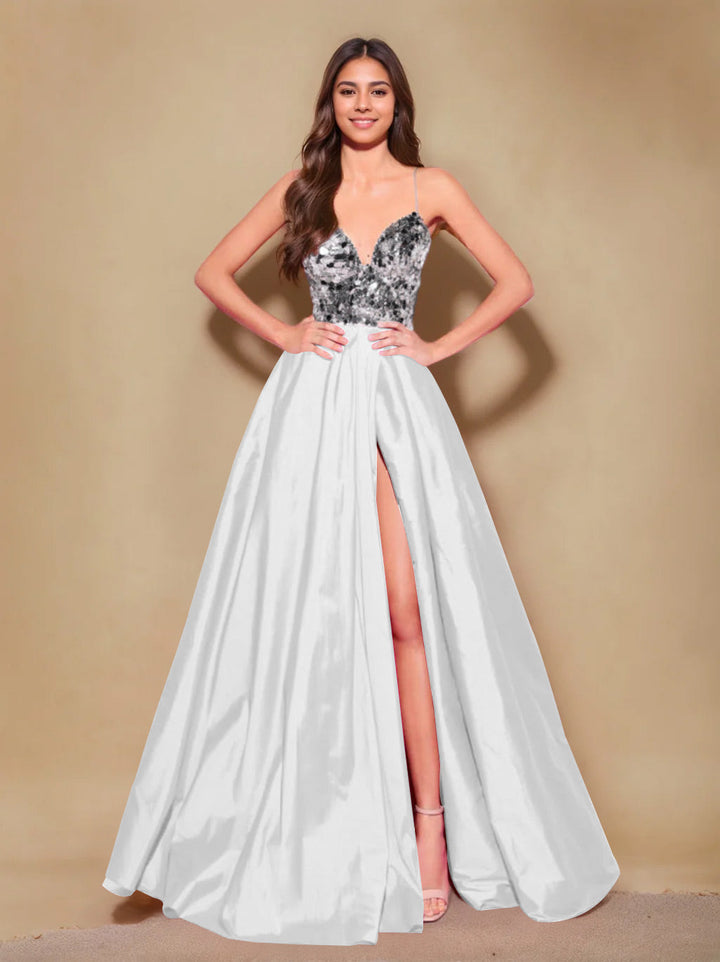 Robe de Soirée Longue de Forme Trapèze/Princesse à Bretelles Spaghetti Sans Manches, Longueur Au Sol, avec Plis et Fente Sur le Côté