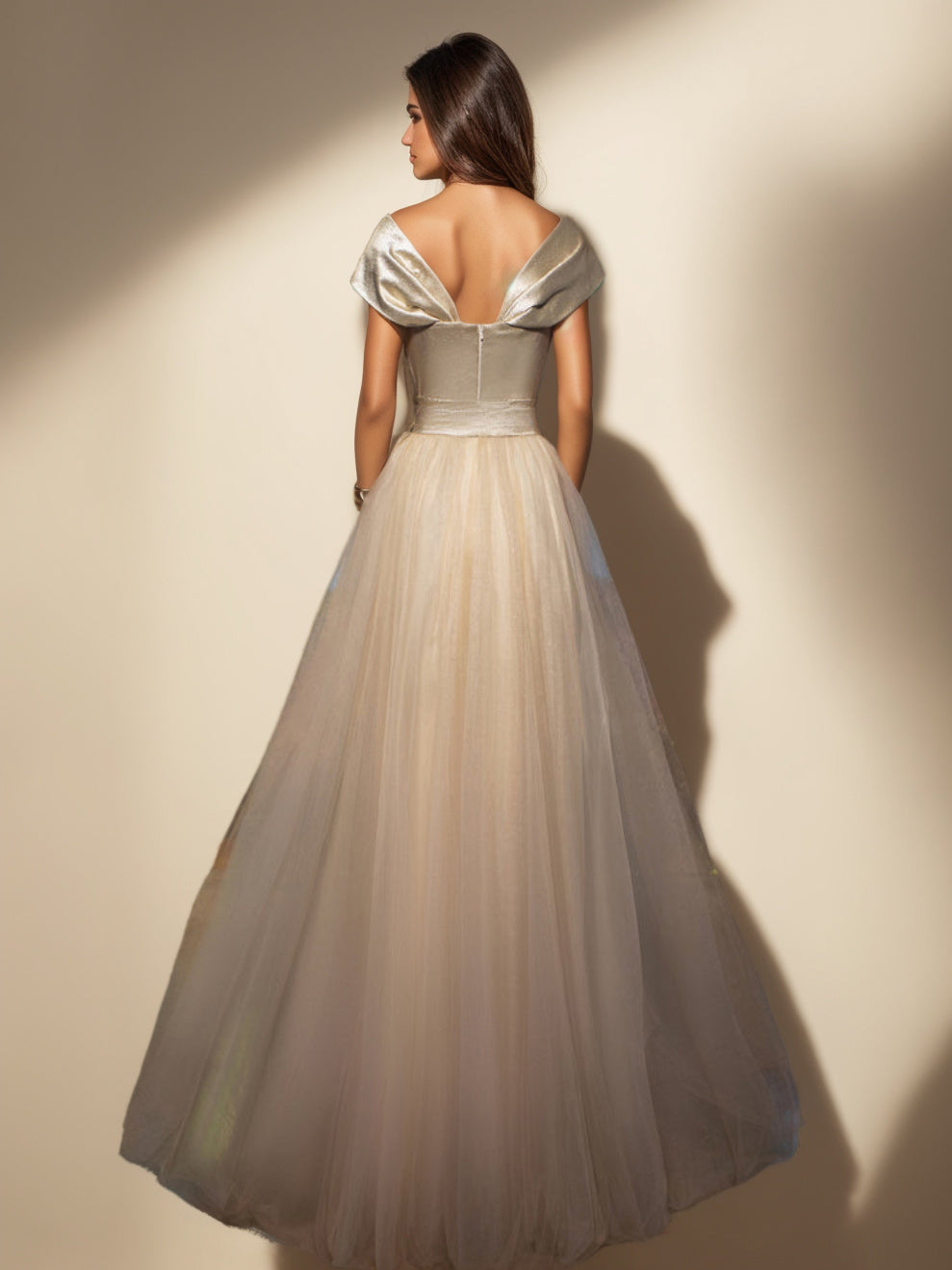 Robe de Soirée Trapèze/Princesse à Épaules Dénudées, Sans Manches, Longueur Au Sol, avec Fente et Nœud