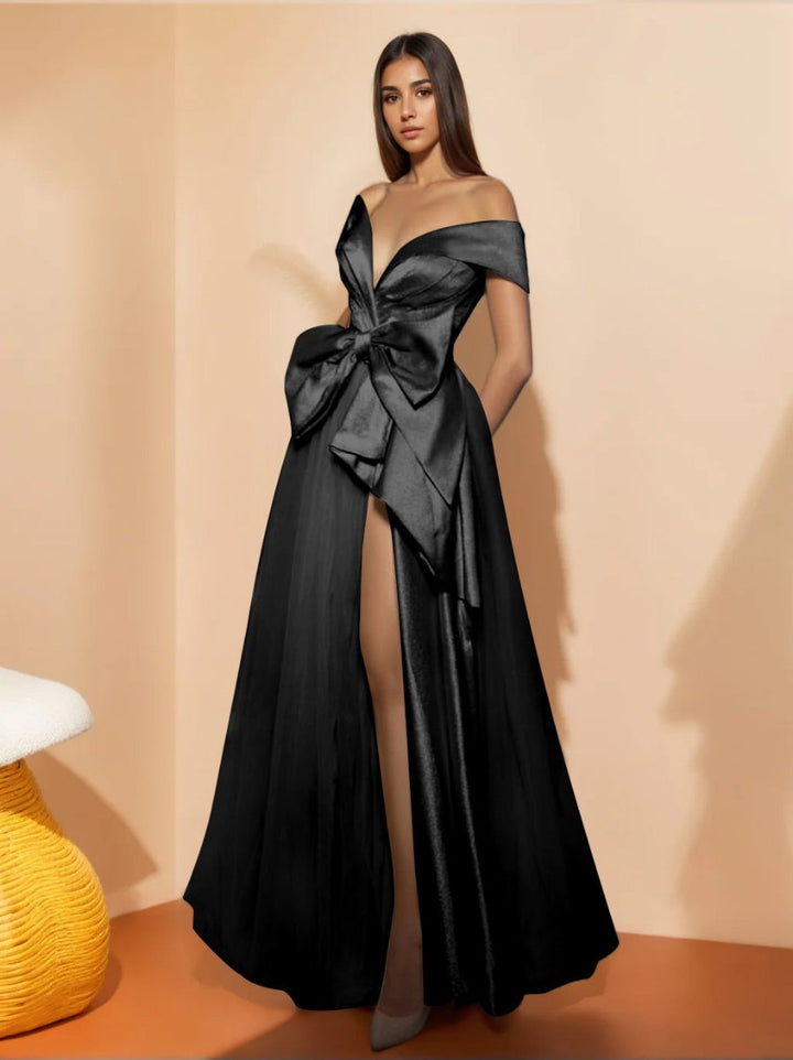 Robe de Soirée Trapèze/Princesse à Épaules Dénudées, Sans Manches, Longueur Au Sol, avec Fente et Nœud