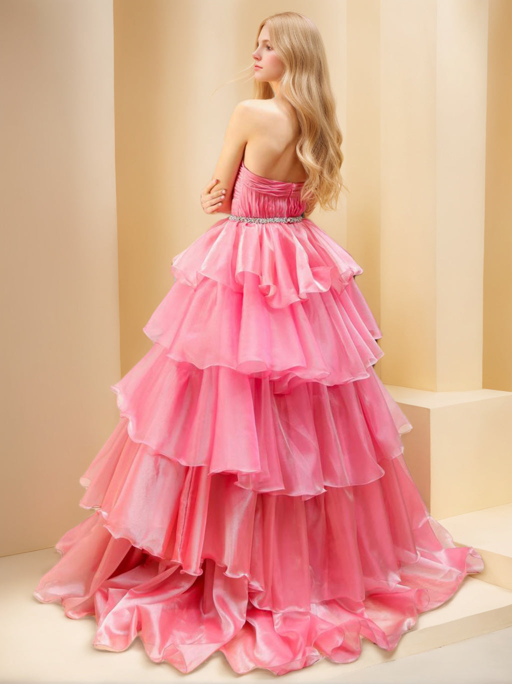 Robe de Bal en Organza à Volants et à Volants, Sans Manches, Longueur Au Sol, Longue, avec Volants et Volants