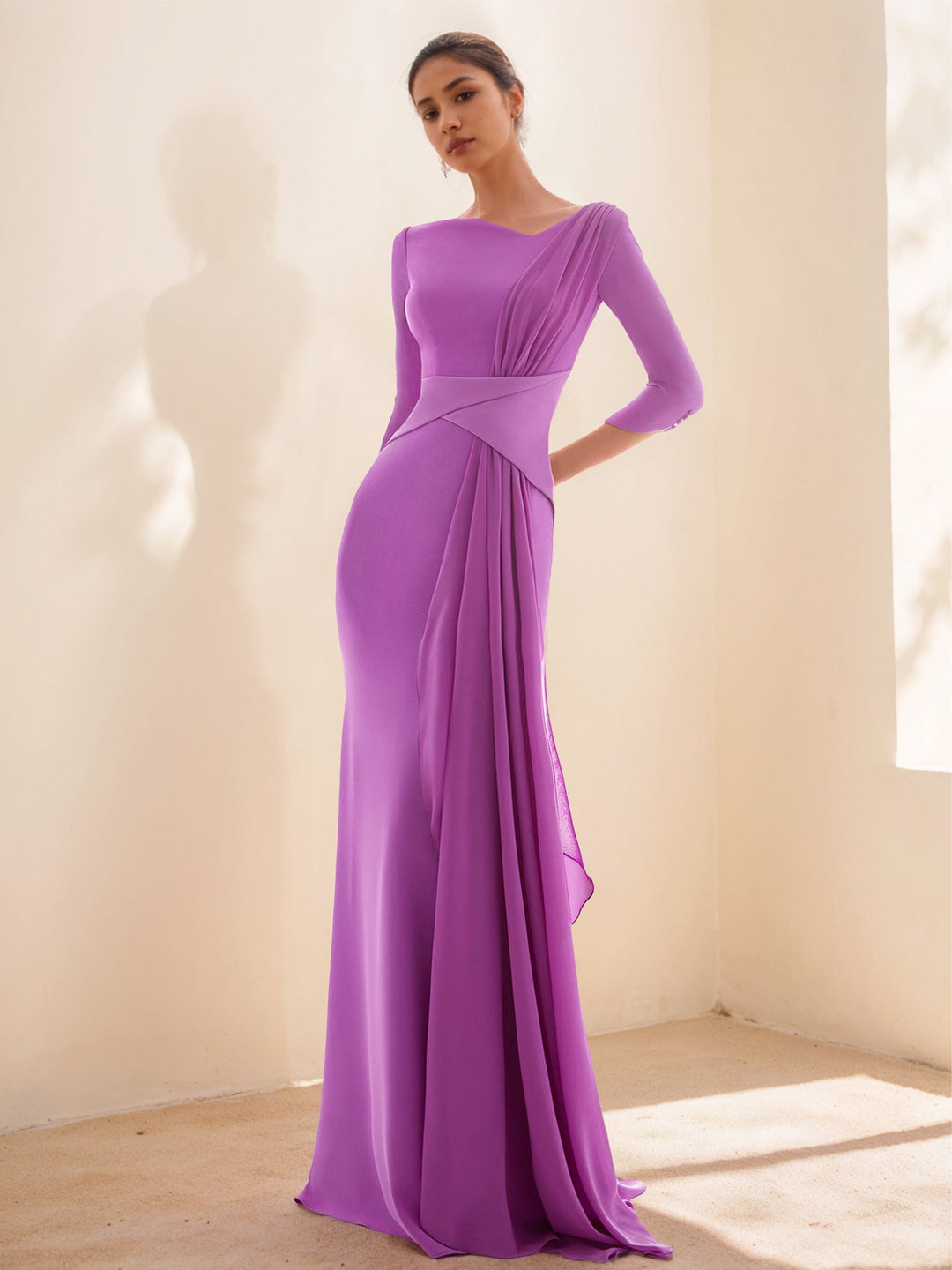 Robe de Soirée Fourreau/Colonne à Col Fermé, Manches 3/4, Longueur Au Sol, avec Volants