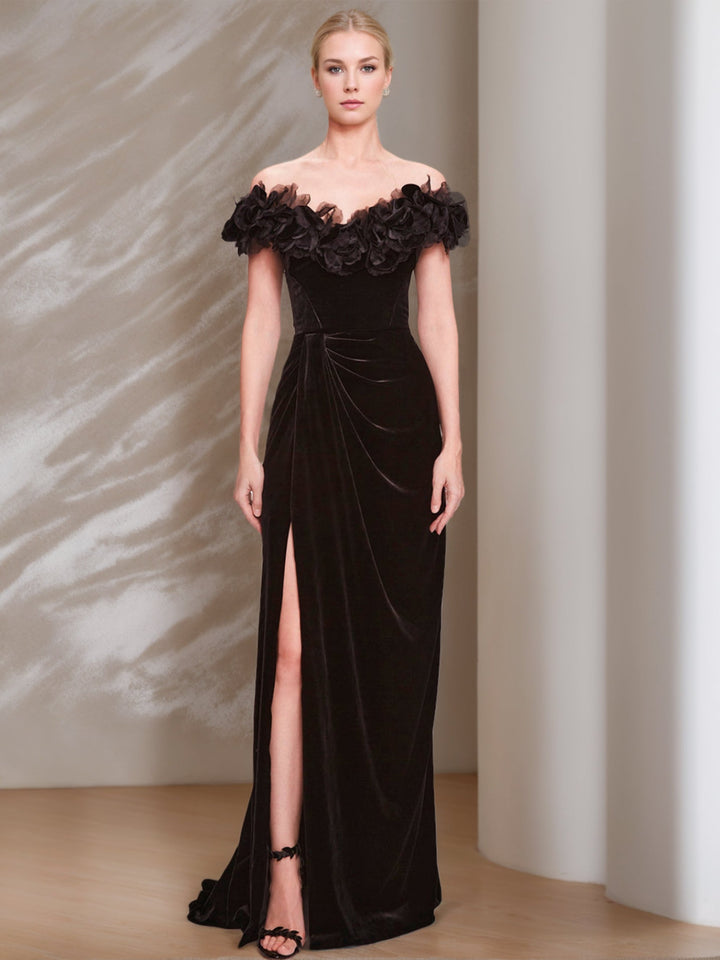 Robe de Soirée Fourreau/Colonne à Épaules Dénudées, Manches Courtes, Longueur Au Sol, en Velours, avec Volants