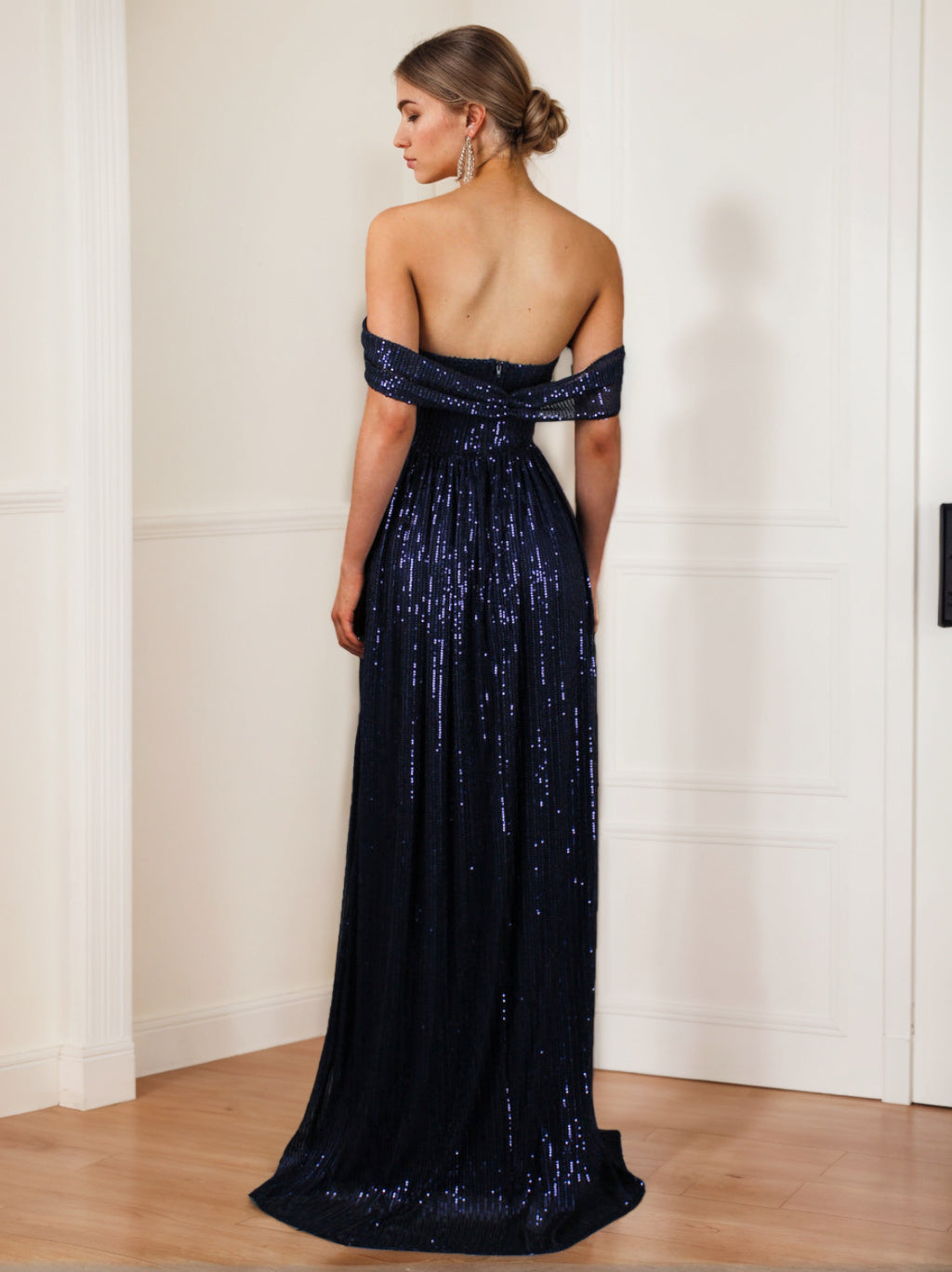 Robe de Soirée Longue de Forme Trapèze/Princesse Sans Manches, Longueur Au Sol, Sans Bretelles, avec Paillettes et Fente Sur le Côté