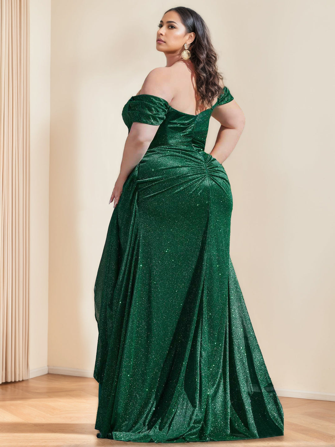 Robe de Soirée Sirène/Trompette à Épaules Dénudées Sans Manches et Longueur Au Sol avec Paillettes et Volants