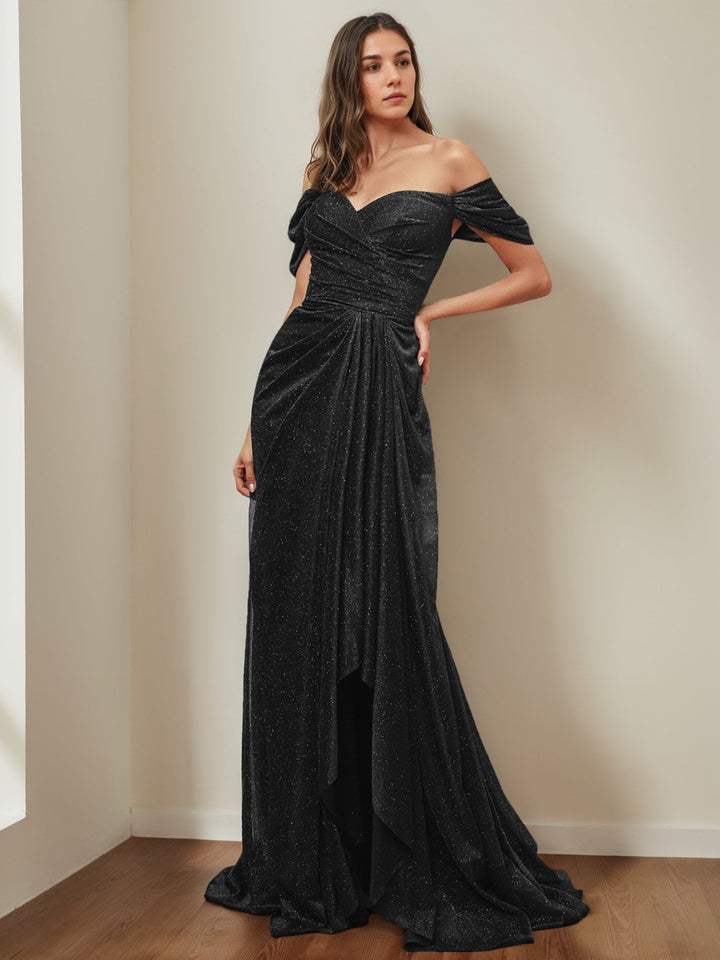 Robe de Soirée Sirène/Trompette à Épaules Dénudées Sans Manches et Longueur Au Sol avec Paillettes et Volants