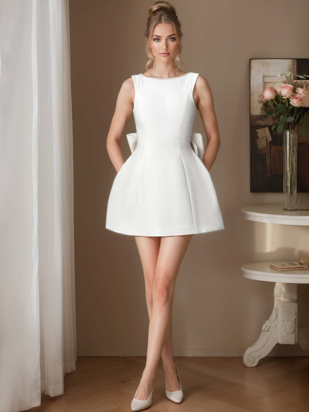 Robe de Cocktail Courte/Mini Sans Manches à Col Bateau et Coupe Princesse avec Nœud Papillon